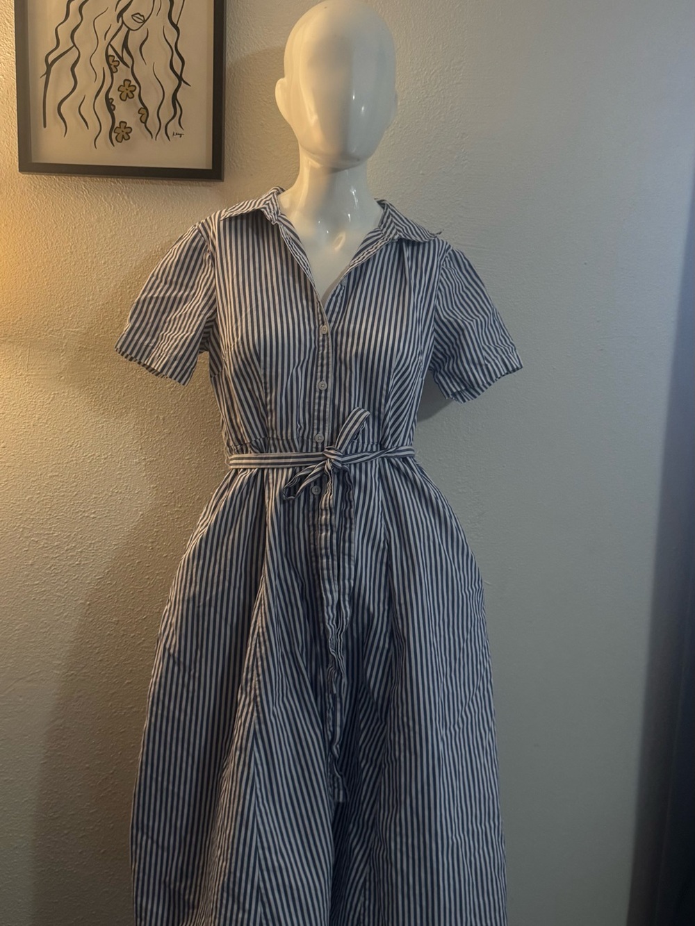 Tommy Hilfiger Blue and White Striped Midi Shirt Dress with Tie Belt